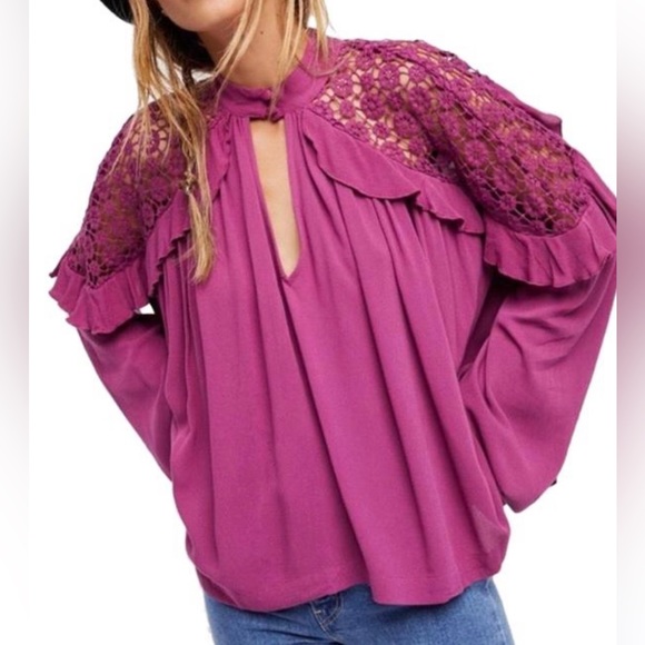 Free People Tops - Free People Little Bit of Love Lace and Ruffle Inset Blouse Raspberry Women's S